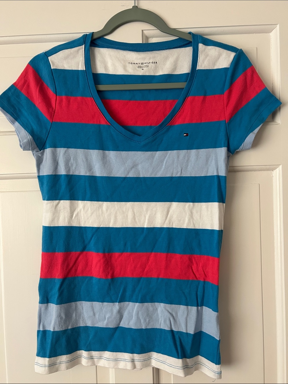 Tommy Hilfiger Blue, Light Blue, White & Fuchsia Striped V-Neck Tee